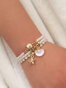 3 Stücke/Set legerer Sommer-Perlen-Armband-Set für Frauen, mit Muschelund Seestern-Elementen, geeignet für den Alltag oder zum Urlaubstragen, Feriengeschenk