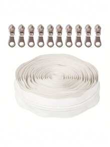 Zíper de 450 cm/177,16 polegadas com 10 cabeças de zíper prateadas, zíper de nylon de cor sólida nº 5 disponível em 7 cores, incluindo branco, preto e bege, adequado para roupas, bolsas, tecidos para o lar e projetos DIY