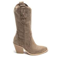 镂空西部粗跟尖头靴 - 卡其色 - 查看 2