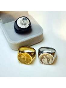 [Daily Comfort] Customized Engraved Photo Ring - Stainless Steel Memorial Jewelry For Men, Available In Black And Gold, Ideal For Birthday, Graduation, Christmas Gift, Spouse, Family, Friends