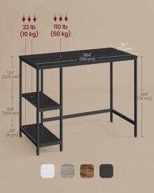 VASAGLE Computer Desk, Office Desk, 100 X 50 X 76 Cm, Modern Style, For Study, Bedroom, Living Room, Ebony Black - 黑色 - 查看 3