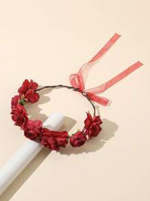 1pc Floral Print Polyester Boho Flower Headband, Versatile All Season Artificial Flower Crown Tiara - Red - View 2