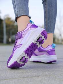 1 par de zapatos de patines de ruedas para niños/niñas de primavera/otoño, diseño mejorado de 4 ruedas para mayor estabilidad, ruedas desmontables, 2 en 1 con zapatilla, material de espejo de moda y genial, apropiado para uso diario