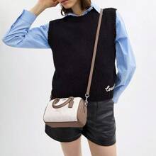Coach Rowan 17 Logo Zip Fechamento Couro Liso Ombro Crossbody Tote Mini Mulheres Giz E Taupe