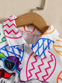 2pcs Young Boy Cartoon Dinosaur & Easter Egg Print Lapel Button-Front Short Sleeve Shirt + Shorts Set, Fashionable Outfit For Casual, Outdoor, Easter Party, Spring/Summer