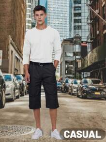 Hombre Algodón Senderismo Capri Shorts Casual Street 3/4 Largo Verano Cargo Cropped Pants Ligero Debajo Rodilla Corto Pantalones Con 7 Bolsillos, Negro