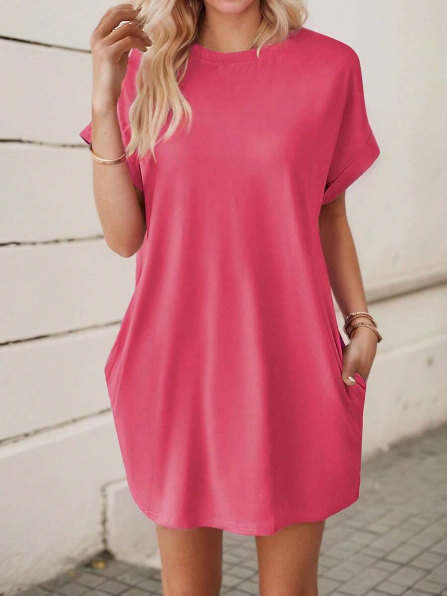 hoteel Basic Minimalist Pure T-Shirt Mini Dress With Pockets, Casual Street Style Idea To Daily Wear, Woman Clothes - 薔薇色 - 查看 1