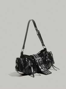 Túi xách kiểu dáng xe máy mùa xuân/hè mới, túi xách đa năng dung tích lớn phong cách Y2K dành cho nữ, túi đeo vai đính đinh tán, túi đeo chéo, túi xách tay với thiết kế độc đáo, màu đen tuyền thời trang, túi xách nữ mới. - màu đen - Xem 4