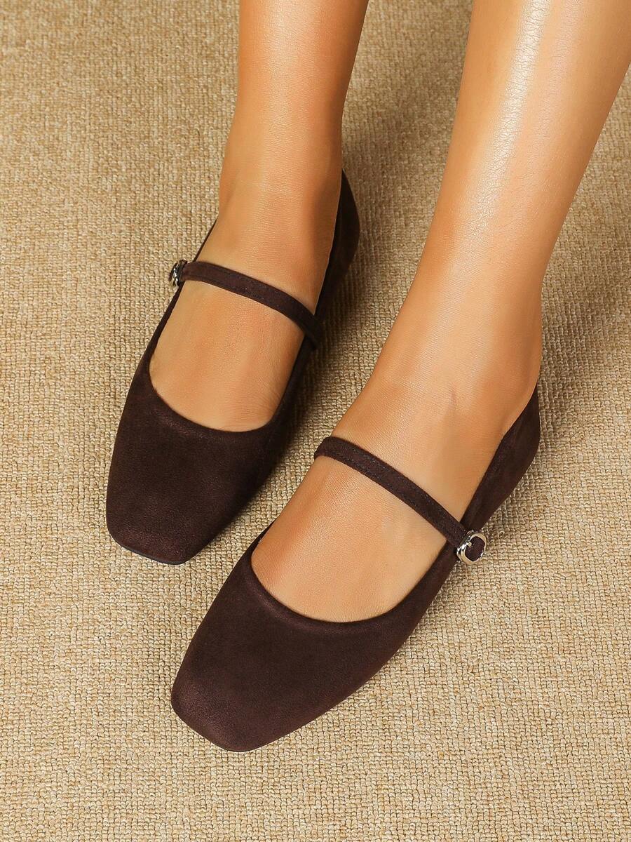 JiaYunNvXie Velvet Mary Jane Square Toe Flat Shoes, Coffee Color