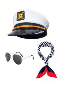 Conjunto de sombrero de marinero con gorra azul marino, sombrero blanco plano vintage, sombrero militar, gorra de capitán de rayas azules y blancas, bufanda, gafas y guantes para fiesta de yate