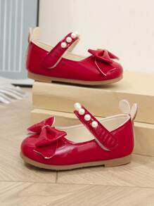 Girls' Princess Shoes With PU Bow, Pearl Decor And Laces, Fashion & Versatile For Indoor & Outdoor Wear - Red - View 2