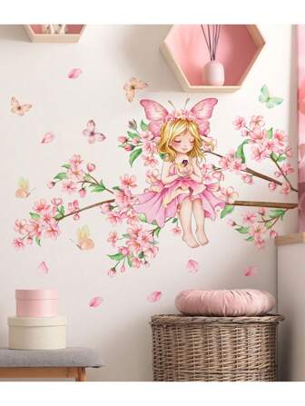 1 件花卉女孩、蝴蝶、气球、云朵、月亮墙贴适用于儿童房装饰、可移除、卧室、客厅背景