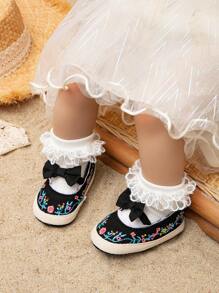 舒适婴幼儿鞋，女童刺绣蝴蝶结平底鞋，春夏婴儿室内爬行鞋