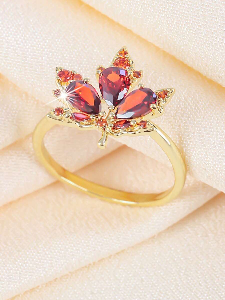 1 Nhẫn Đính Đá Zirconia Lá Phong Thanh Lịch & Sáng Tạo, Món Quà Trang Sức Nữ Cho Valentine, Sinh Nhật, Du Lịch, Đeo Hàng Ngày - lá cây - Xem 1