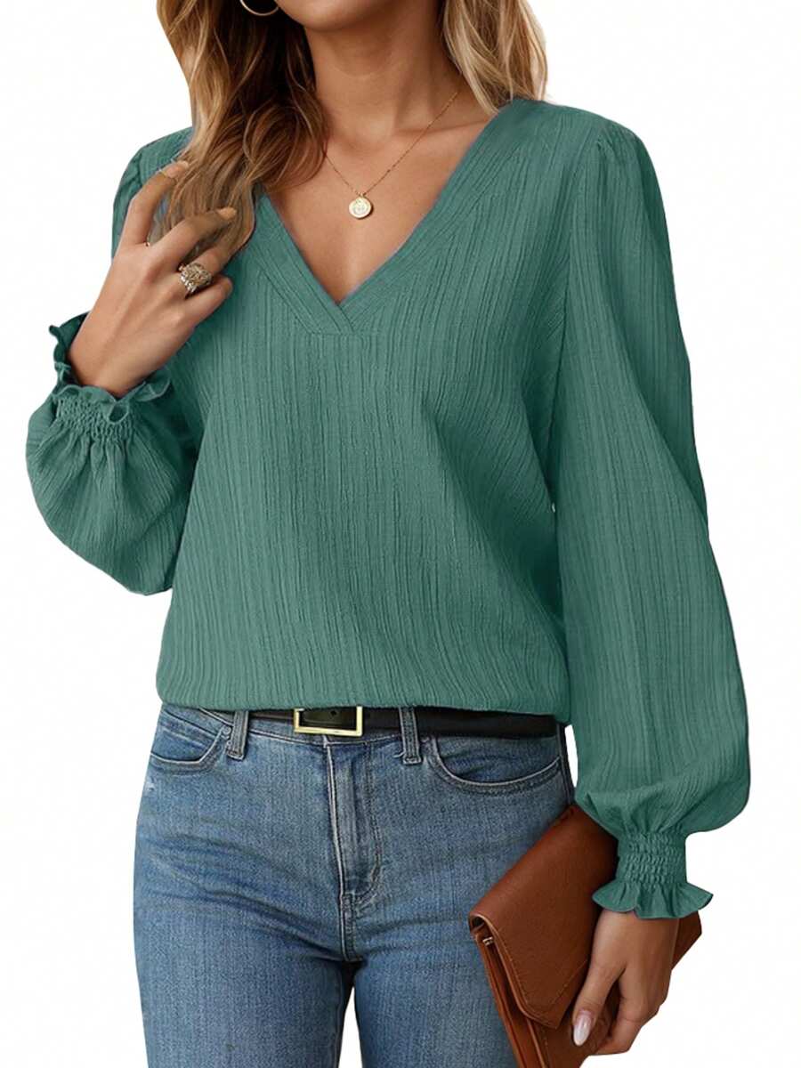 SANOPY Womens Blouses,Blouses For Women Dressy Casual,Long Sleeve Blouses For Women,Women's V-Neck Casual Cuff Shirt - màu xanh lá - Xem 1