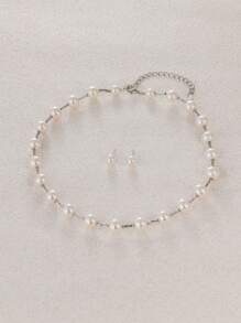 3 件套韩式简约仿珍珠耳环和项链套装，个性化百搭优雅女士配饰 - 白色 - 查看 3