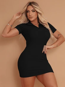Women's Short Tube Dress With Ribbed Polo Neck Premium Summer Fashion - 黑色 - 查看 4