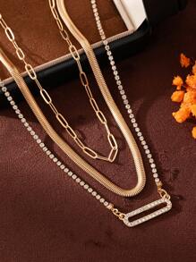 1 件女士多层金链项链，可堆叠水钻吊坠方形多层项链，时尚珠宝礼物 - 金色 - 查看 4