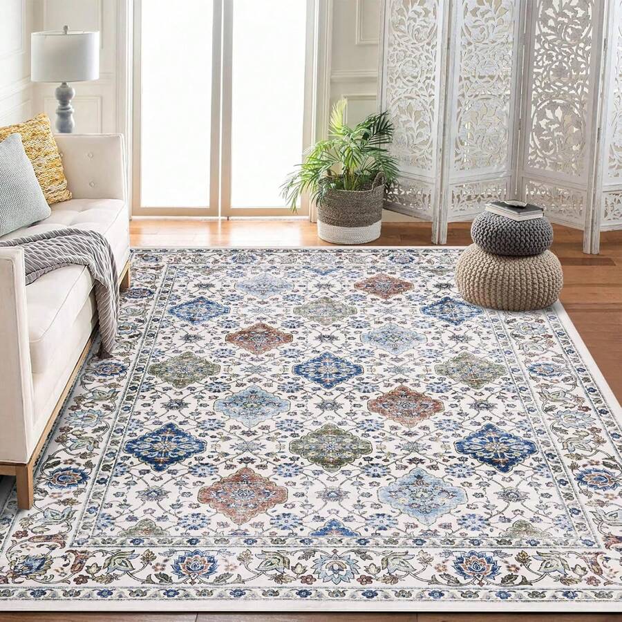 Washable Rugs Living Room Short Pile Area Rugs For Living Room Outdoor Rug Modern Vintage Classic Rug Non Slip Rug For Bedroom Home Decor Office Carpet - Light Blue - View 1