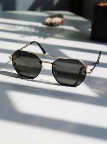 1pc Women's Double Beam Polygon Metal Frame Chain Temples Fashion Glasses For Summer Beach Vacation,Outdoor,Travel - Gold Frame Black and Gray Film - View 3
