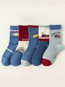 10 Pairs Of Children's Car Train Letter Stripe Pattern Soft And Comfortable Children's Fun Style Boys Socks, Suitable For Daily Leisure, Family Gatherings, Parent-Child Activities - Multicolor - View 5