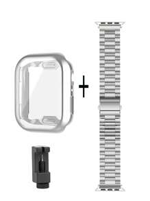 2 件银色不锈钢可拆卸可调节表带 + 表壳，男女皆宜，适用于 Ultra 3 2 1 SE、S10/S9/S8/S7/S6/S5/S4/S3/S2/S1、38/40/41mm 42/44/45/49mm 46mm 智能手表，包含 TPU 软屏保护膜，防刮擦防尘，适合派对、商务、送礼，2025 年全球新畅销书
