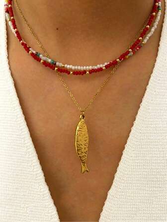 1 pezzo Collana con pendente a forma di pesce in acciaio inossidabile con perline acriliche colorate alla moda di design unico per donne