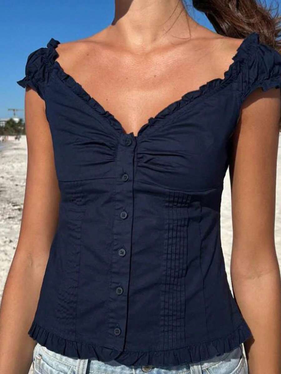 Women's Y2K Fairycore Shirt Top Vintage Cap Sleeve Button Down Ruffle T Shirts Tops Solid Color Slim Fit Frill Tees Summer Blouses Casual Going Out Tops Aesthetic Clothes Streetwear - 藍色 - 查看 1