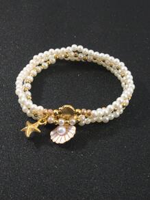 3 Stücke/Set legerer Sommer-Perlen-Armband-Set für Frauen, mit Muschelund Seestern-Elementen, geeignet für den Alltag oder zum Urlaubstragen, Feriengeschenk