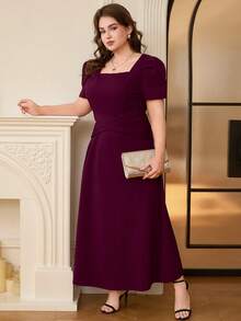 DEARCASE Plus Size Elegant Puff Sleeve Waist Dress - Grape Purple - View 6