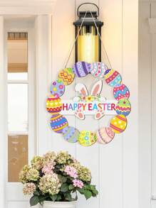 1 pieza - Guirnalda decorativa de madera para puerta de Pascua 2025 - Para señal de puerta frontal, señal de pared, decoraciones de primavera con conejo, cartel hueco de Bonnie, huevos y flores, ¡Bienvenido a colgar en la decoración del hogar, fiesta, al aire libre o interior para Feliz Pascua!