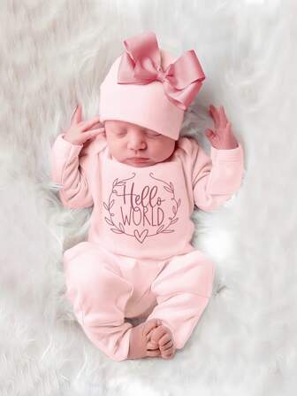 新生儿摄影服装 - HELLO WORLD 字母和爱心刺绣连体衣、蝴蝶结发带套装、婴儿摄影服装