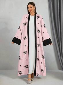 Women's Elegant Floral Print Colorblock Belted Abaya, Vacation Long Boho Modest Robe - Pink - View 7