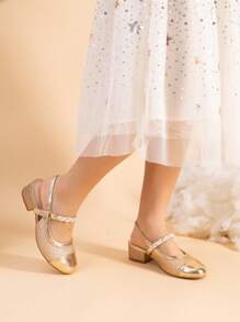 Girls Dress Shoes Slingback Heels Round Toe Pump For Little Big Kids Flower Party Wedding Princess - 金色 - 查看 3