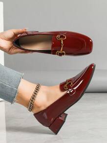 Women's High Heel Shoes, Burgundy, Chunky Heel, Fashion Casual Versatile Work Shoes, Square Toe Loafers