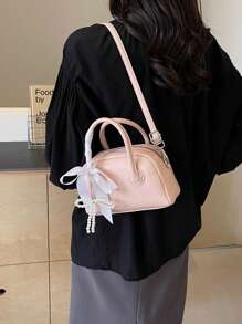 1 pieza Bolso de bolos de estilo dulce con cierre de cremallera, asa doble ajustable, decoración de lazo de perlas falsas, material de PU, adecuado para atuendo diario, viajes y vacaciones, bolso de perlas falsas, color rosa - Rosa - Ver 6
