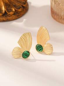 1 Pair Gold-Tone Butterfly Stud Earrings Inlaid With Natural Turquoise, White Turquoise And Malachite, Elegant And Versatile Earrings Suitable For Evening Parties And Everyday Wear, Symbolizing Hope And Good Wishes As A Fashion Accessory For Women
