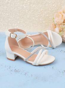 Sandalias de dedo abierto con flores de unicolor lindo para niñas, zapatos de tacón alto transpirables y ligeros adecuados para bodas, fiestas, zapatos de princesa - Blanco - Ver 6
