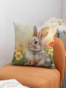 Easter-Themed 4pcs Pillowcase Set, Rabbit And Floral Design, Soft Polyester, Zipper Closure, Suitable For Various Room Types - No Insert Included, Skin-Friendly, Living Room Sofa