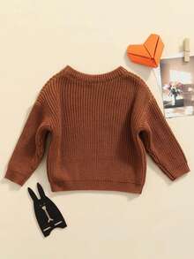 Suéter de punto para bebé niña y niño, jersey de cuello redondo de manga larga de color liso para otoño e invierno - Marrón - Ver 3
