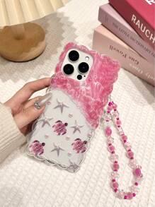 Turtle Holographic Iridescent Crochet Transparent Wave Printed Protective Phone Case, Chain Strap, Compatible With IPhone 16/15/XR/16 Pro Max/7P 8P/12 Pro Max/13 Pro Max/14 Pro Max/13/14/11/12/14, IPhone XS/S/XS Max/7 8 SE 2, IPhone 15 Pro Max, Apple 13/14 Soft Anti-Drop Covers