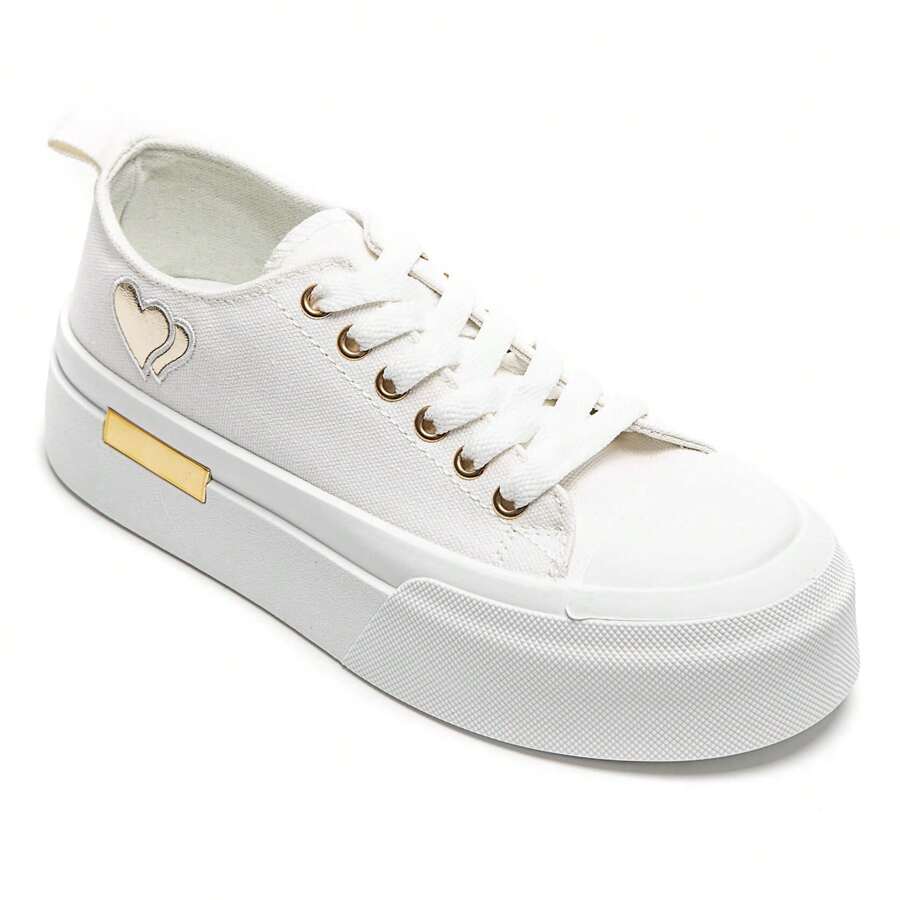 Women's Thick Sole Lace-Up Sneakers, With Heart-Shaped Patch, Available In Multiple Colors - White-9151 - View 1
