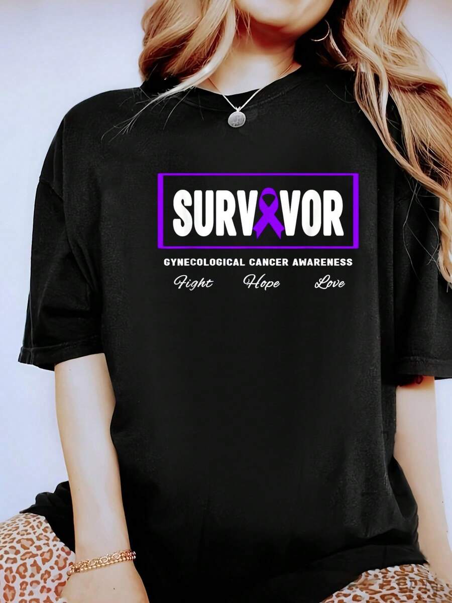 Gynecologic Cancer Survivor - Gynecological Cancer Awareness T-Shirt - 100% Cotton Short Sleeve, Casual, Breathable, Comfortable, Summer & Spring Essential - Women's Clothing Printed Graphic Tee For  T-Shirt Lovers - màu đen - Xem 1