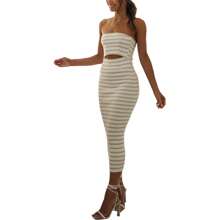 Women Summer Casual Tube Dresses Strapless Backless Hollowed Striped Patchwork Long Dress Clubwear