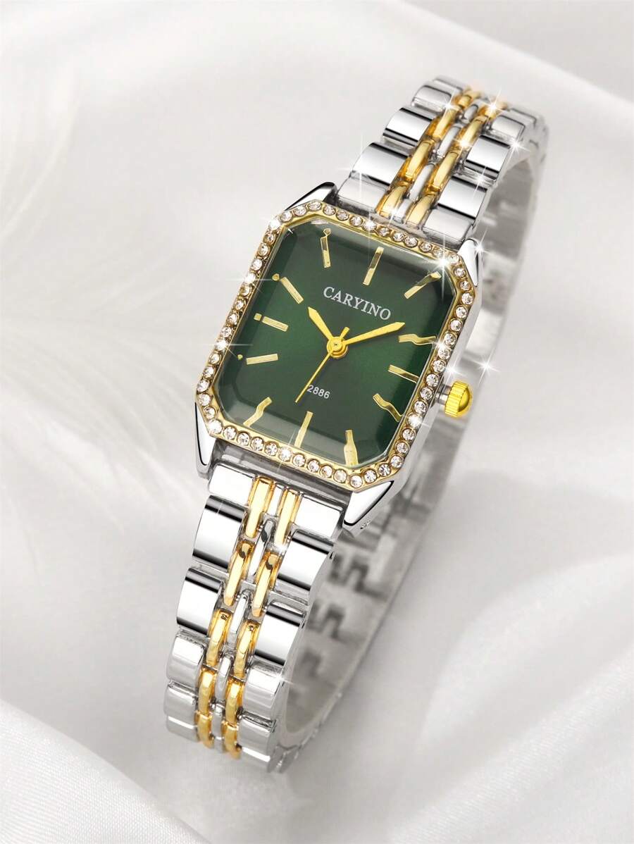CARYINO 1 pieza Correa de reloj de acero inoxidable de dos tonos para mujer. Forma cuadrada clásica, reloj de cuarzo elegante y versátil con circonita cúbica de precisión. Adecuado para la vida diaria, negocios y reuniones. - Multicolor - Ver 1