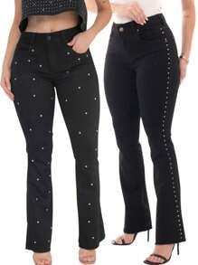 KIT Feminino 2 Peças - Calça Flare Jeans Preto Levanta Bumbum com Detalhes de Strass Brilho Cintura Alta - pontos + spike na lateral - Visão 1