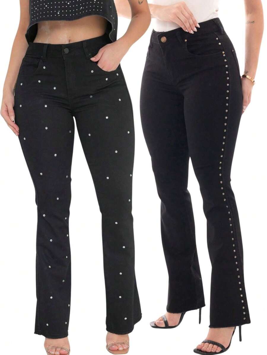 KIT Feminino 2 Peças - Calça Flare Jeans Preto Levanta Bumbum com Detalhes de Strass Brilho Cintura Alta - pontos + spike na lateral - Visão 1