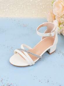 Sandalias de dedo abierto con flores de unicolor lindo para niñas, zapatos de tacón alto transpirables y ligeros adecuados para bodas, fiestas, zapatos de princesa - Blanco - Ver 2