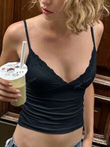Débardeur pour femme d'été Y2K jeune, sexy, décontracté, col en V en dentelle et top col ras-du-cou