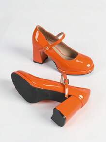 Versatile Round Toe Chunky Heel Mary Jane Pumps, New Arrival For Women - Orange - View 1